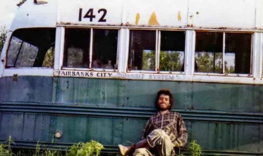 Chris McCandless self-portrait in front of the now iconic bus